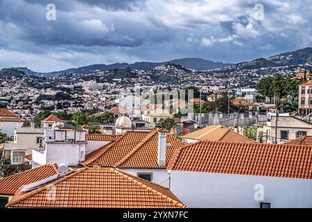 Questo vibrante paesaggio cittadino presenta edifici rossi sul tetto, colline verdi ondulate e un cielo coperto di atmosfera che mette in mostra il fascino degli elemen urbani e naturali Foto Stock