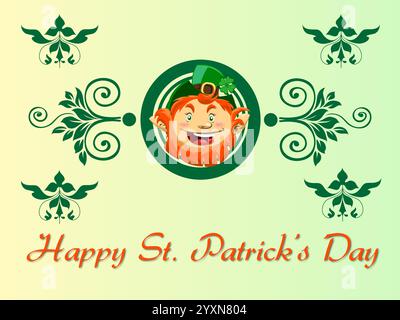 Poster verde e bianco con un leprechaun sorridente. Il poster dice "buon giorno di San Patrizio". Shamrock Saint Patrick Day Rainbow St Paddy Luck of t Illustrazione Vettoriale