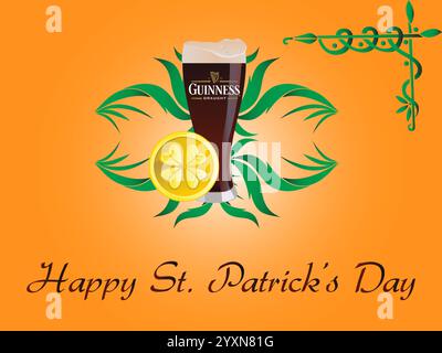 Poster colorato con un bicchiere Guinness e una calce su di esso. Il poster è per il giorno di San Patrizio. Shamrock Saint Patrick Day Rainbow St Paddy Luck of the i Illustrazione Vettoriale