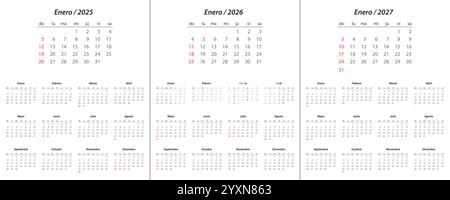 Calendario 2025, calendario 2026, calendario 2027 in lingua spagnola inizio settimana domenica modello di pianificazione del design aziendale Illustrazione Vettoriale