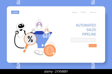 Concetto di automazione dei processi aziendali. Un robot che ottimizza un imbuto di vendita con simboli di efficienza. Semplificazione del flusso di lavoro per la produttività. Illustrazione vettoriale. Illustrazione Vettoriale