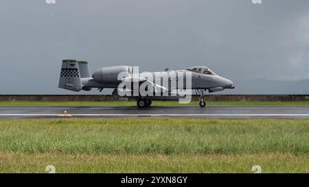 Un A-10 Thunderbolt II della U.S. Air Force assegnato al 25th Fighter Squadron taxis da un aeroporto di Tacloban, Filippine, 10 dicembre 2024. Stati Uniti Pacifi Foto Stock