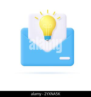 Concetto di condivisione di idee creative, storie, istruzione. Aprire la busta postale con un documento e una lampadina. Illustrazione vettoriale 3D. Illustrazione Vettoriale