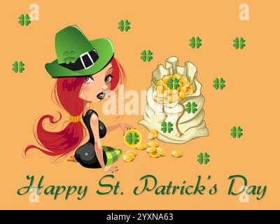 La ragazza che indossa un cappello verde è seduta a terra con un sacchetto di monete d'oro. La borsa è etichettata Happy St. Patrick's Day. Shamrock San Patrizio Day Rai Illustrazione Vettoriale