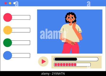 Donna che appare in Online Video Player in Flat Vector Illustration simboleggia creazione di contenuti, Digital Media e comunicazione online, isolata su Illustrazione Vettoriale