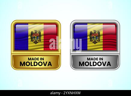 Icona dell'etichetta Made in Moldova nei colori oro e argento. Icona flag impostata per l'azienda Illustrazione Vettoriale