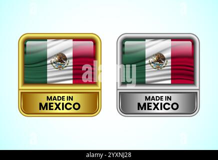 Icona dell'etichetta Made in Mexico nei colori oro e argento. Icona flag impostata per l'azienda Illustrazione Vettoriale
