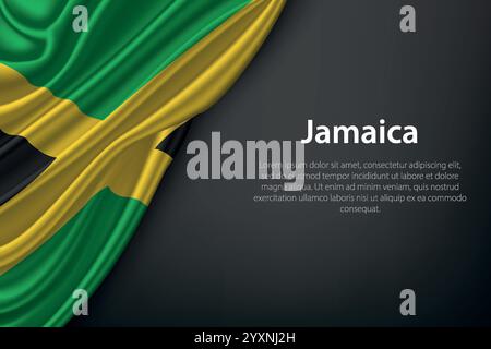 Rappresentazione realistica della bandiera giamaicana con texture fluida su sfondo scuro Illustrazione Vettoriale