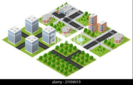 Insieme di elementi urbani che formano una città moderna, tra cui grattacieli, edifici residenziali, parchi, strade e infrastrutture Illustrazione Vettoriale