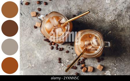 Vasetti Mason di gustoso caffè ghiacciato su sfondo grunge. Diversi modelli di colore Foto Stock
