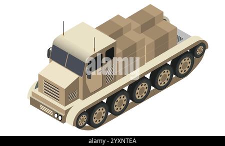 Potente autocarro militare per il trasporto di merci, dotato di un sistema a cingoli continui per migliorare le capacità in fuoristrada Illustrazione Vettoriale