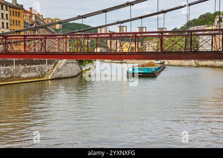 Maestoso commercio fluviale: Grandi chiatte sul Saône a Lione Foto Stock