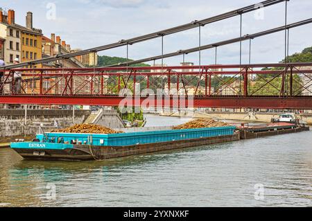 Maestoso commercio fluviale: Grandi chiatte sul Saône a Lione Foto Stock