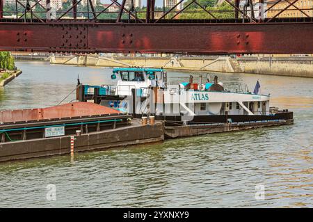 Maestoso commercio fluviale: Grandi chiatte sul Saône a Lione Foto Stock