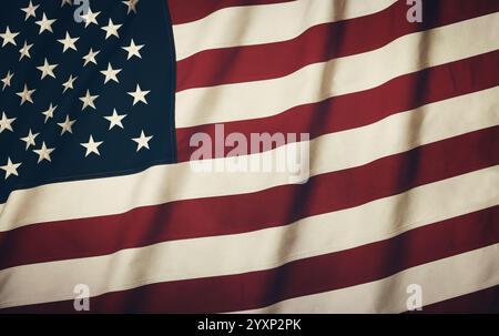 Primo piano vintage tempo pesante tela di cotone ricamato US bandiera sfondo nazionale, simbolo di patriottismo americano, elevato angolo di vista, direcia Foto Stock