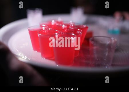 Un vassoio di bicchieri da shot rossi riempito con un liquido rosa. I bicchieri da shot sono disposti in fila e sono tutti riempiti fino all'orlo Foto Stock