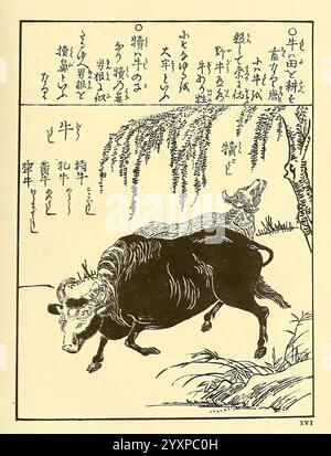 Encyclopédie Japonaise Leyde Netherlands Brill 1875 Giappone mammiferi, la scena raffigura due mucche in un ambiente rurale sereno, con una mucca che sembra pascolare vicino dietro l'altra. Sono circondate da un delicato fogliame, tra cui un salice i cui rami cadono dolcemente verso il basso. Sullo sfondo, ci sono iscrizioni in uno stile calligrafico, che probabilmente forniscono contesto o commenti relativi alla scena. La composizione complessiva trasuda un senso di tranquillità e di connessione con la natura, sottolineando la semplicità della vita pastorale. Foto Stock