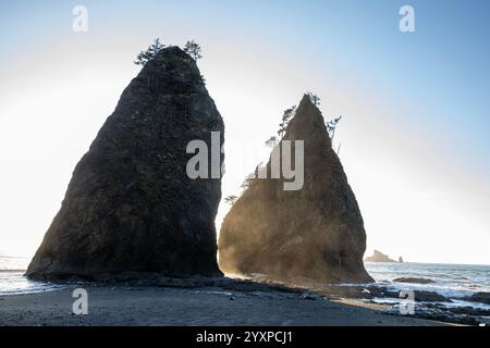 WA25963-00...WASHINGTON - nebbia al tramonto vista tra due fondali sulla costa del Pacifico a Rialto Beach nell'Olympic National Park. Foto Stock