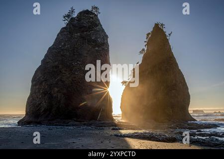 WA25967-00...WASHINGTON - nebbia al tramonto vista tra due fondali sulla costa del Pacifico a Rialto Beach nell'Olympic National Park. Foto Stock