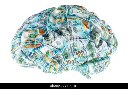 Cervello umano con consistenza di banconote da un dollaro, rendering 3D isolato su sfondo bianco Foto Stock