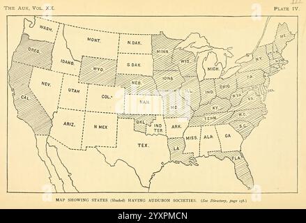 L'Auk Washington, D.C. American Ornithologists' Union ecc. 1884- periodici uccelli mappa la Audubon Society, l'illustrazione raffigura una mappa degli Stati Uniti occidentali, delineando vari stati e regioni con particolare attenzione a rappresentare specifiche divisioni geografiche legate agli sforzi di protezione degli uccelli. Ogni stato è etichettato con la sua abbreviazione corrispondente e include una cifra numerica, che potrebbe indicare identificatori univoci per diverse aree o specifiche iniziative correlate agli uccelli. Il layout enfatizza i confini tra gli stati, evidenziando le regioni impegnate in attività di conservazione. T Foto Stock