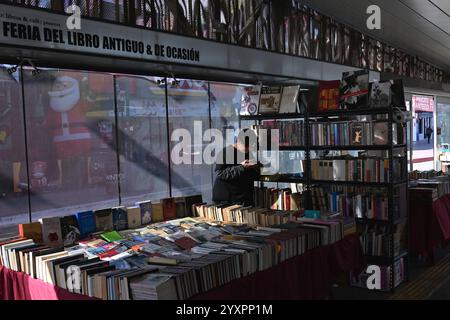 Tijuana, bassa California, Messico. 16 dicembre 2024. Axel Gonzalez, rivenditore ed espositore di libri di città del Messico, si prende una pausa leggendo uno dei suoi libri alla fiera occasionale "Antiguo" del negozio di libri usati presso la stazione degli autobus di Revolution Avenue del Tijuana Comprehensive Transportation System (STT) a Tijuana, Messico lunedì 16 dicembre 2024. René Castillo di The Graphographer: Books & coffee shop e organizzatore della fiera del libro ha sottolineato che la fiera stava prendendo e intervenendo in spazi pubblici come la stazione degli autobus non così utilizzata, per avvicinare i libri alle persone e fermentare Foto Stock