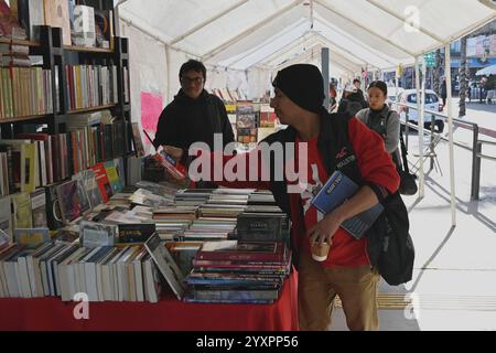 Tijuana, bassa California, Messico. 16 dicembre 2024. David Lopez, 35 anni, dall'Honduras, sfoglia le selezioni di libri di lingua della fiera "Antiguo" usata occasionalmente in una stazione degli autobus di Revolution Avenue del Tijuana Comprehensive Transportation System (STT) a Tijuana, Messico lunedì 16 dicembre 2024. René Castillo di The Graphographer: Books & coffee shop e organizzatore della fiera del libro ha sottolineato che la fiera stava prendendo e intervenendo in spazi pubblici come la stazione degli autobus non così utilizzata, per avvicinare i libri alle persone e fermentare una cultura di lettura e apprensione del libro Foto Stock