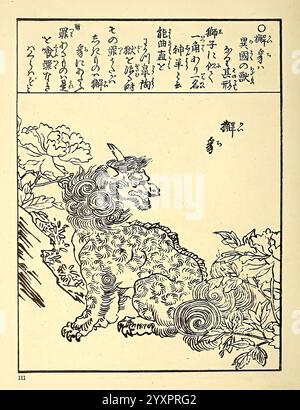 Encyclopédie japonaise Leyde Netherlands Brill 1875 Giappone mammiferi, l'illustrazione presenta una rappresentazione stilizzata di una creatura mitica simile a un leone o a un cane, caratterizzata da motivi fluenti e vorticosi in tutta la pelliccia. Si trova maestosamente in mezzo al fogliame ornamentale, con delicati fiori e foglie che incorniciano la composizione. Sopra la creatura, c'è un testo tradizionale giapponese, che probabilmente descrive il suo significato o attributi. L'estetica generale riflette una miscela di bellezza naturale e simbolismo mitico, tipico dell'arte classica giapponese. Foto Stock