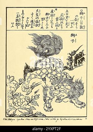 Encyclopédie japonaise Leyde Netherlands Brill 1875 Japan Mammals Lion, l'opera d'arte presenta una creatura mitica raffigurata con un fisico muscoloso e un'elaborata criniera di capelli fluenti. Il suo corpo è adornato da intricati motivi vorticosi che ne enfatizzano la forza e l'agilità. Intorno alla creatura sono presenti delicati motivi floreali che esaltano la composizione con un senso di bellezza naturale. Lo sfondo include testo giapponese, probabilmente descrivendo la creatura o fornendo un contesto sul suo significato nel folklore. Questo pezzo cattura un mix di fantasia e arte, incarnando elementi del mestiere Foto Stock