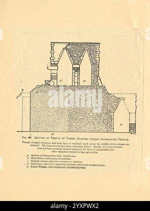 Chichen Itza, Messico, 1895, antropologia, archeologia, Chichen Itza, note sul campo, geologia, illustrazioni, arte maya, Messico, Penisola dello Yucatan, Archivi, molti cappelli di Holmes, questa illustrazione fornisce una vista in sezione dettagliata del Tempio di Tises, mostrando le sue caratteristiche architettoniche distintive. Lo schema evidenzia gli elementi strutturali superiori, compreso il metodo con cui le colonne sostengono il tetto mantenendo la stabilità attraverso profili di embattamento unici. Le varie sezioni sono etichettate per maggiore chiarezza: La sezione A delinea l'ingresso principale, mentre la sezione B descrive la costruzione Foto Stock