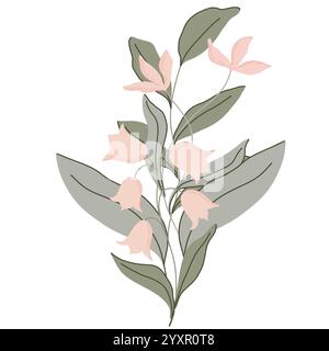 Elegante illustrazione botanica piatta vettoriale disegnata a mano con delicati fiori di neve con foglie verdi tenui. Lo stile minimalista ha forme organiche e. Illustrazione Vettoriale