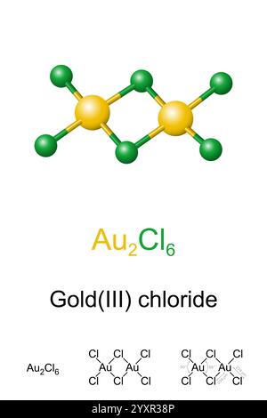 Tricloruro d'oro, cloruro d'oro (III), modello molecolare, formula chimica. Tradizionalmente chiamato cloruro aurico, composto inorganico di oro e cloro. Foto Stock