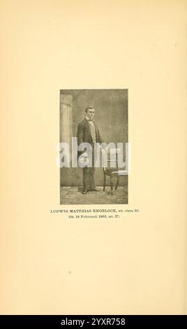 Ootheca Wolleyana London, venduta da R. H. Porter, 1864-1907. Ornithology Portraits Ludwig Matthias Knoblock, Un ritratto di Ludwig Matthias Knoblauch, raffigurato in un abbigliamento formale tipico della fine del XIX secolo. Si trova in piedi con sicurezza accanto a una sedia di legno, tenendo un piccolo oggetto che non è chiaramente definito. La sua espressione riflette un comportamento composto, e sembra essere in un ambiente domestico, con sottili motivi sul muro dietro di lui che accennano a un interno vintage. L'immagine cattura l'essenza di un individuo di un'epoca passata, mostrando l'eleganza e lo stile del tempo. La data indicata sugge Foto Stock