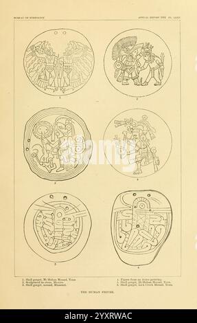 Art in Shell of the Ancient Americans, Washington, Govt. Stampa, 1883, antichità, arte indiana, indiani, conchiglie d'arte, molti cappelli di Holmes, tassonomia, Kate Clifton Osgood, Kate Clifton Osgood Holmes, Kate Clifton Holmes, Kate Osgood Holmes, Kate Clifton Osgood, donne nella scienza, questa illustrazione presenta una collezione di disegni intricati, che probabilmente rappresentano antiche civiltà e la loro arte. La fila superiore include due scene distinte: Una mostra una figura adornata con un copricapo e un'armatura elaborata, che probabilmente indica un guerriero o una divinità, accompagnata da una figura compagna; l'altra dis Foto Stock