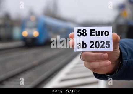 Baviera, Germania - 17 dicembre 2024: Una persona ha un cartello con il testo 58 EURO AB 2025 di fronte a una stazione ferroviaria e ai binari. Immagine simbolica dell'aumento di prezzo del Deutschlandticket per i trasporti pubblici locali a partire da gennaio 2025. FOTOMONTAGGIO *** Eine person hält ein Schild mit dem Text 58 EURO AB 2025 vor einem Bahnhof und Gleisen. Symbolbild für die Preiserhöhung des Deutschlandtickets im öffentlichen Nahverkehr ab Januar 2025. FOTOMONTAGE Foto Stock