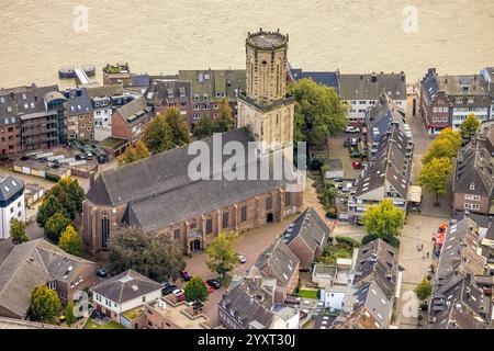 Vista aerea, Chiesa cattolica di Sant'Aldegundi sulla passeggiata sul Reno nel centro della città, Emmerich, Emmerich sul Reno, basso Reno, Nord Reno-Ovest Foto Stock