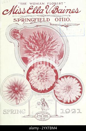 La fiorista donna Miss Ella V. Baines Springfield, Ohio Springfield, Ohio Baines 1922 fiori da giardinaggio semi cataloghi piante bulbi ornamentali piante cataloghi commerciali industria dei semi e commercio di giardini storie in fiore, il design presenta il titolo ''The Woman Florist'' prominentemente in cima, indicando un focus su composizioni floreali e servizi. Sotto di essa, viene visualizzato il nome ''Miss Ella V. Baines'', che identifica il fioraio ed eventualmente il proprietario dell'azienda. La posizione, ''Springfield, Ohio, ' è anche nota, suggerendo il contesto regionale della fondazione. Il centro del design Foto Stock