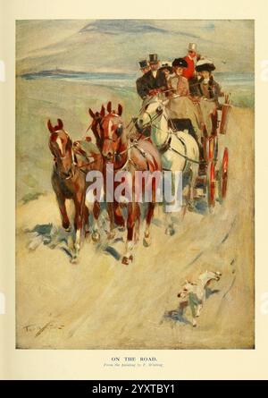 Il nuovo libro del cavallo, Londra, Cassell and Co, 1911. Cavalli, equitazione, sport ippici, Una scena vivace che raffigura una carrozza trainata da quattro cavalli che percorre una strada polverosa. La carrozza è occupata da diversi passeggeri elegantemente vestiti, tra cui una donna con un abito e un cappello rosso brillante, che attira l'attenzione con il suo colore vivace sullo sfondo terroso. Il gruppo appare gioioso e socievole, coinvolgendosi l'uno con l'altro durante il viaggio attraverso un paesaggio panoramico. Un piccolo trotto di cane accanto alla carrozza, aggiunge un tocco di giocosità all'atmosfera. Lo sfondo presenta un delicato Foto Stock