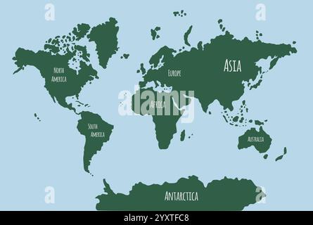Mappa del mondo disegnata a mano in verde vettoriale isolata su sfondo blu Illustrazione Vettoriale