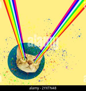 Riprese Cat con laser arcobaleno dagli occhi su sfondo beige, collage creativo. Poster elegante Foto Stock