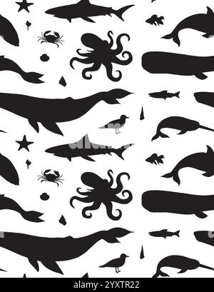 Schema vettoriale senza cuciture di doodle disegnato a mano nero disegna animali marini e silhouette di pesci isolati su sfondo bianco Illustrazione Vettoriale