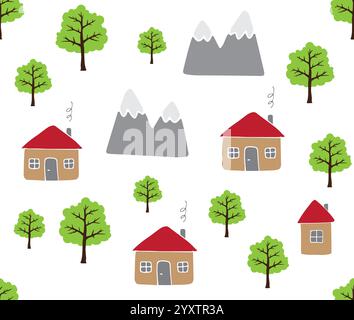 Schema vettoriale senza cuciture di boodle disegnate a mano case di campagna alberi e paesaggi isolati su sfondo bianco Illustrazione Vettoriale
