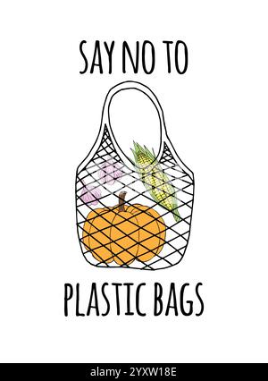 Il doodle disegnato a mano vettoriale disegna il sacchetto eco con verdure e dice di no alla scritta del sacchetto di plastica isolata su sfondo bianco Illustrazione Vettoriale