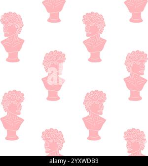 Disegno vettoriale senza cuciture di doodle disegnato a mano rosa statua del busto dell'uomo antico isolata su sfondo bianco Illustrazione Vettoriale