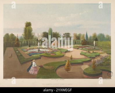 The, Gardens, of, Inghilterra, Londra, T, McLean, [1858?], campagna, case, Inghilterra, giardini, inglese, pittorico, opere, un pittoresco giardino caratterizzato da aiuole di fiori meticolosamente paesaggistiche disposte in motivi intricati. In primo piano, una donna con un abito lungo si erge accanto a uno stagno splendidamente progettato con una fontana. Il verde circostante comprende siepi e alberi curati, mentre sculture ed elementi decorativi aggiungono un tocco artistico all'ambiente sereno. Sullo sfondo, un grandioso edificio è parzialmente visibile tra il lussureggiante paesaggio, contribuendo all'eleganza generale di questo Foto Stock