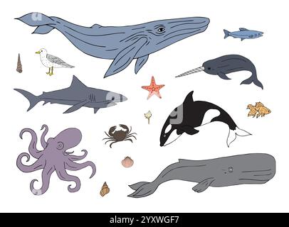 Set vettoriale di doodle colorati disegnati a mano disegnano animali marini e pesci isolati su sfondo bianco Illustrazione Vettoriale