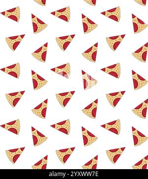 Schema vettoriale senza cuciture di una fetta di pizza al peperoni disegnata a mano isolata su sfondo bianco Illustrazione Vettoriale