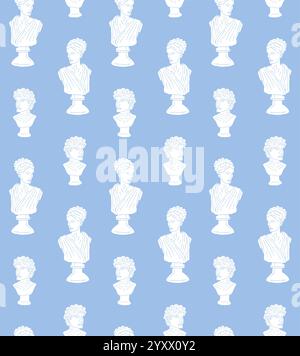 Disegno vettoriale senza cuciture di doodle disegnato a mano statua rosa di un uomo antico e di una donna del busto isolata su sfondo blu Illustrazione Vettoriale