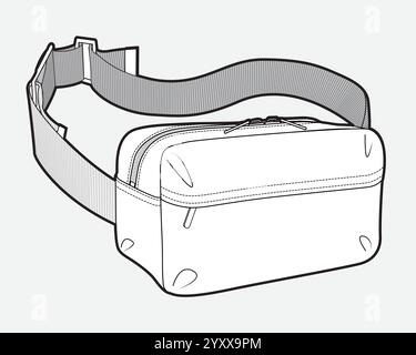 Modello tecnico di mockup vettoriale con schizzo piatto e borsa in vita. Illustrazione Vettoriale