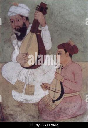 Dettaglio di Bhai Mardana e Bhai Bala da un murale raffigurante Guru Nanak e RAM Rai che ascoltano inni insieme sotto un albero del Bhai Bahlo Darwaza del Darbar di RAM Rai a Dehradun, circa prima del 1688. Foto Stock